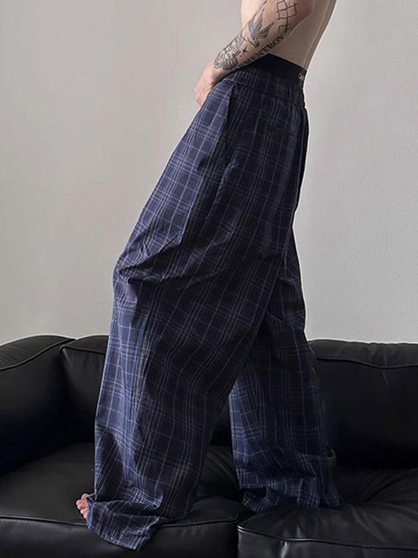 Men's Plaid Print Drawstring Waist Wide Leg Pants, Casual Comfy Pocket Trousers for Daily Wear, Fashion Men's Bottoms for All Seasons, Baggy Pants, Trousers for Men