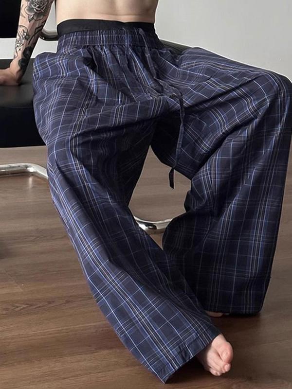 Men's Plaid Print Drawstring Waist Wide Leg Pants, Casual Comfy Pocket Trousers for Daily Wear, Fashion Men's Bottoms for All Seasons, Baggy Pants, Trousers for Men