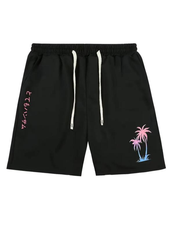 Men's Coconut Tree & Letter Print Drawstring Waist Shorts, Casual Pocket Track Shorts for Summer, Fashion Men's Regular Fit Bottoms for Daily Wear, Mens Shorts, Summer Outfits 2024, Shorts for Men