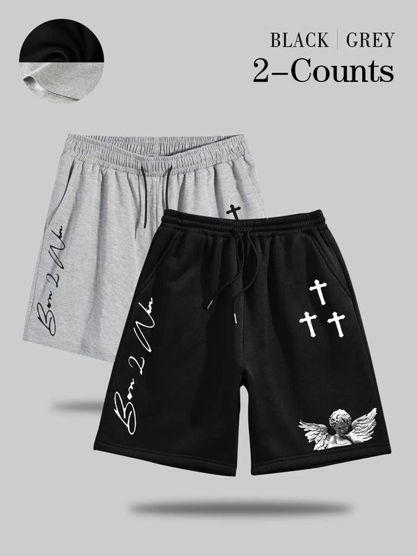 Men's Angel & Letter Print Drawstring Waist Shorts, Loose-fit Casual Pocket Track Shorts, Mens Summer Bottoms for Daily Wear Streetwear