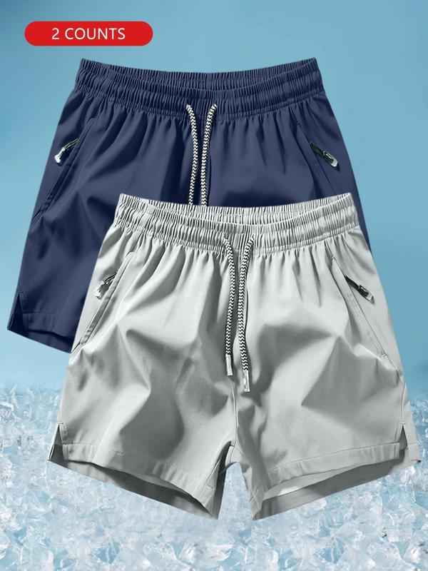 Men's Solid Drawstring Waist Beach Shorts, Regular Fit Casual Zipper Pocket Shorts for Summer, Men's Bottoms for Beach Vacation