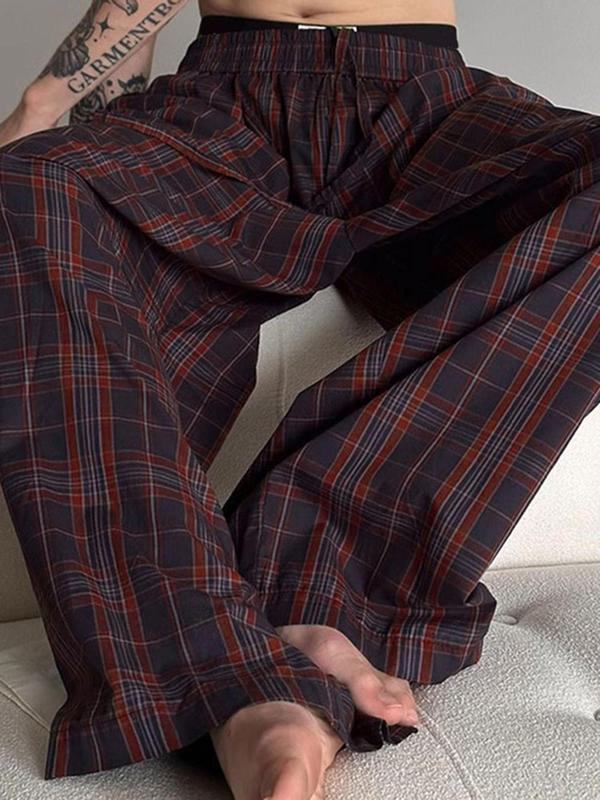 Men's Plaid Print Drawstring Waist Wide Leg Pants, Casual Comfy Pocket Trousers for Daily Wear, Fashion Men's Bottoms for All Seasons, Baggy Pants, Trousers for Men