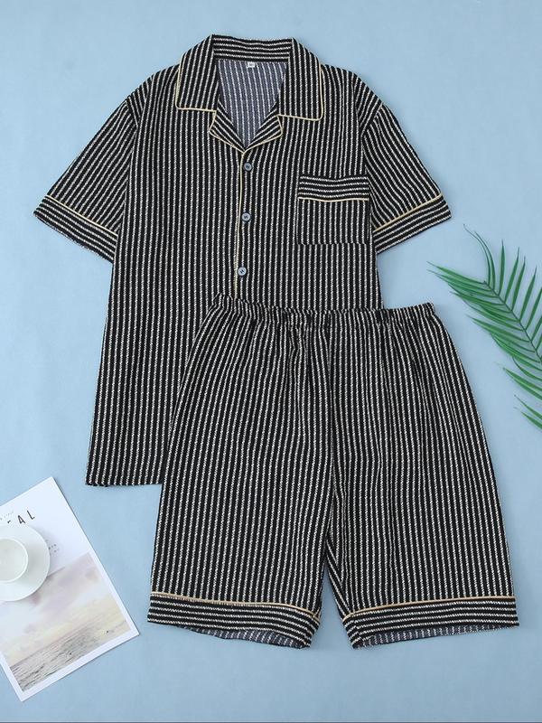 Men's Striped Plaid Print Button Front Lapel Lounge Shirt & Elastic Waist Shorts Loungewear Two-Piece Set, Casual Comfy Short Sleeve Pocket Top & Shorts PJ Set, Men Sleepwear Set for All Seasons