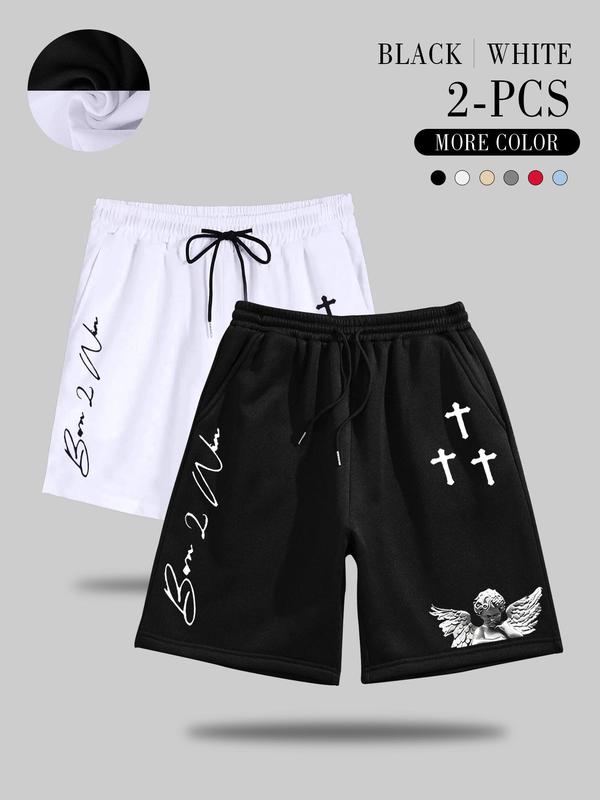 Men's Angel & Letter Print Drawstring Waist Shorts, Loose-fit Casual Pocket Track Shorts, Mens Summer Bottoms for Daily Wear Streetwear