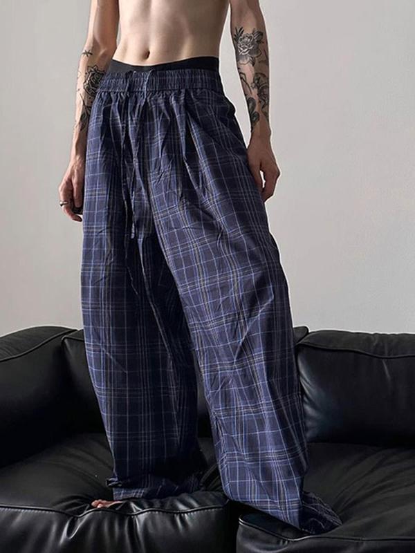 Men's Plaid Print Drawstring Waist Wide Leg Pants, Casual Comfy Pocket Trousers for Daily Wear, Fashion Men's Bottoms for All Seasons, Baggy Pants, Trousers for Men