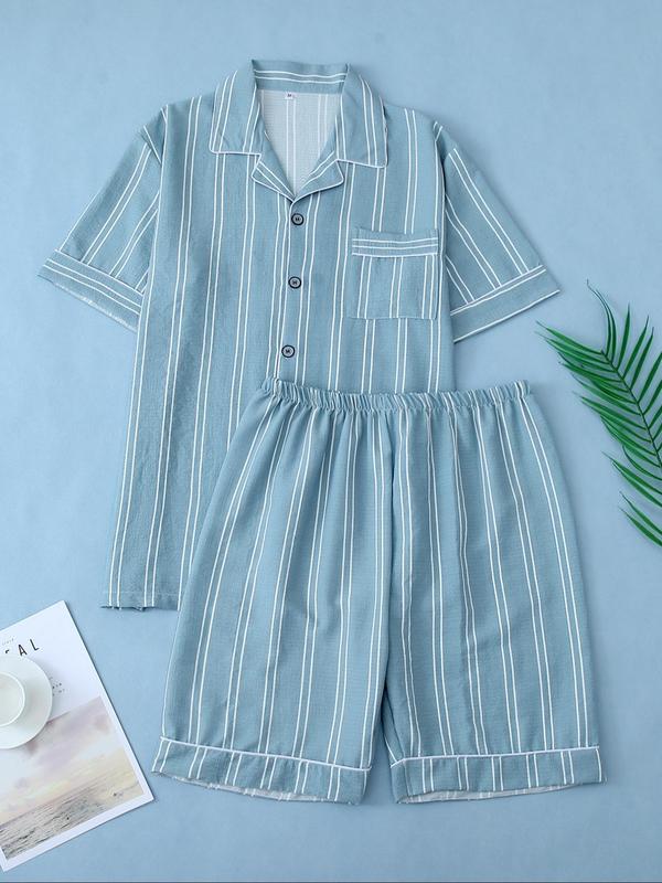 Men's Striped Plaid Print Button Front Lapel Lounge Shirt & Elastic Waist Shorts Loungewear Two-Piece Set, Casual Comfy Short Sleeve Pocket Top & Shorts PJ Set, Men Sleepwear Set for All Seasons