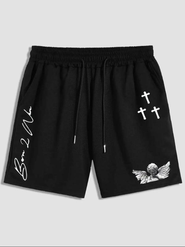 Men's Angel & Letter Print Drawstring Waist Shorts, Loose-fit Casual Pocket Track Shorts, Mens Summer Bottoms for Daily Wear Streetwear