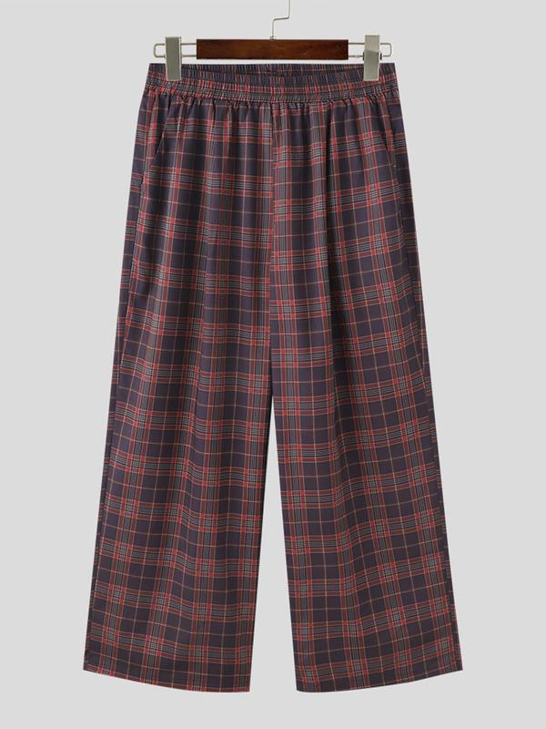 Men's Plaid Print Drawstring Waist Wide Leg Pants, Casual Comfy Pocket Trousers for Daily Wear, Fashion Men's Bottoms for All Seasons, Baggy Pants, Trousers for Men