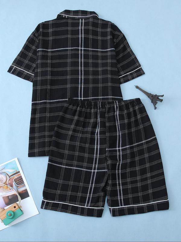 Men's Striped Plaid Print Button Front Lapel Lounge Shirt & Elastic Waist Shorts Loungewear Two-Piece Set, Casual Comfy Short Sleeve Pocket Top & Shorts PJ Set, Men Sleepwear Set for All Seasons