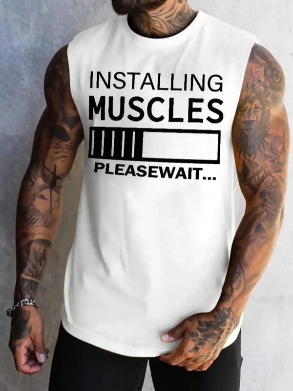 Men's Regular Fit Letter Print Round Neck Tank Top, Casual Soft Comfortable Graphic Sleeveless Sleep Top for All Seasons, Sleepwear for Men