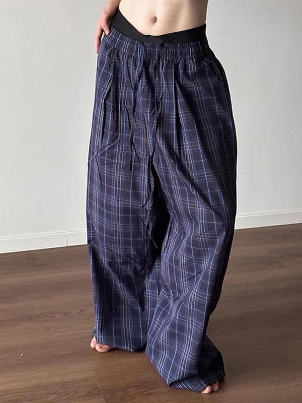 Men's Plaid Print Drawstring Waist Wide Leg Pants, Casual Comfy Pocket Trousers for Daily Wear, Fashion Men's Bottoms for All Seasons, Baggy Pants, Trousers for Men