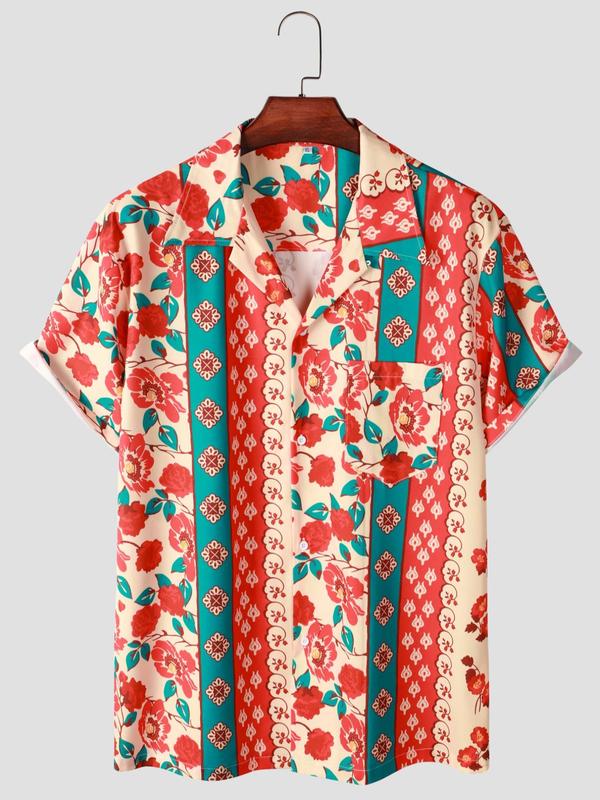 Men's Floral Print Button Front Pocket Shirt, Casual Loose Short Sleeve Lapel Neck Top for Summer, Men's Clothes for Beach Vacation