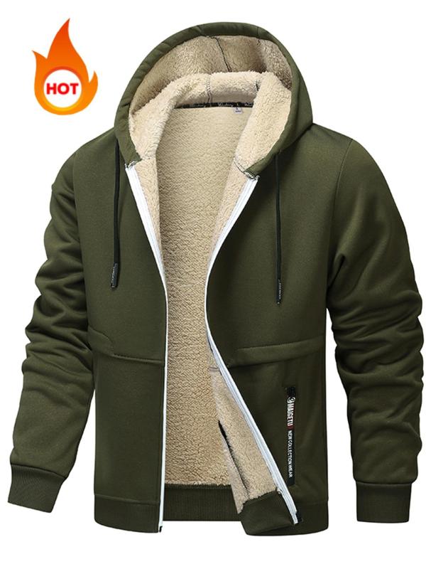 Men's Regular Fit Solid Color Zip Up Thermal Lined Hooded Winter Jacket, Casual Long Sleeve Drawstring Outerwear for Fall & Winter, Men's Clothes for Daily Wear