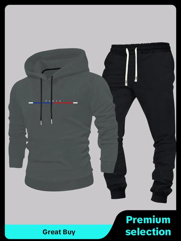 Men's Letter Print Zip Up Hoodie & Drawstring Waist Sweatpants Two-piece Set, Regular Fit Casual Long Sleeve Hooded Sweatshirt & Jogger Pants for Spring & Fall, Men's Two-piece Outfits for Daily Wear