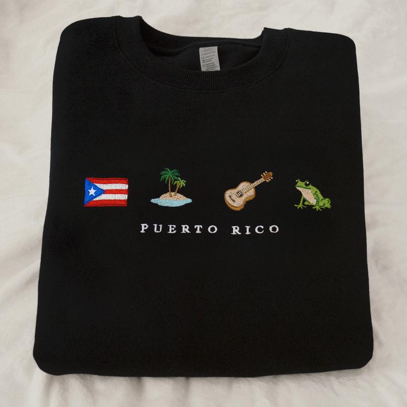 Puerto Rico Embroidered Sweatshirt, Boricua, Taino, Cotton, Black, Crewneck, Flag, Coquí Frog, Guitar, Island, Palm Tree, Ocean, Music, Latin, Reggaeton, Salsa, Bordado, Latin, Orgullo