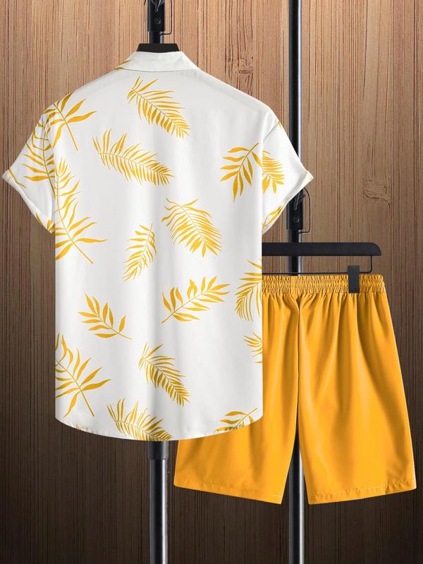 2 Piece Set Men's Stylish Tropical Leaf Print Two-piece Suits Set, Stylish Fashion Button Front Shortsleeve Shirt & Plain Drawstring Shorts, Menswear, Breathable Men's 2 Piece Set, Back To School Summer Clothes, Men's Clothing