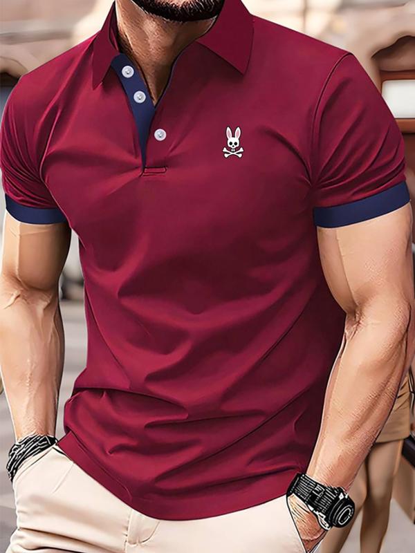 Men's Colorblock & Rabbit Print Polo Shirt, Regular Fit Casual Short Sleeve Half Buttons Top for Summer, Fashion Men's Clothes for Daily Wear, 90s Clothes