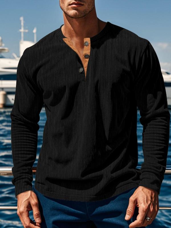 Men's Solid Button Front Mock Neck Shirt, Loose Casual Long Sleeve Top for Fall & Winter, Men's Clothes for Daily Wear