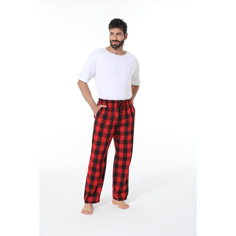 Mens Pajama Pants 100% Cotton Plaid Sleep & Lounge Pants, PJ Bottoms with Pockets and Button Fly