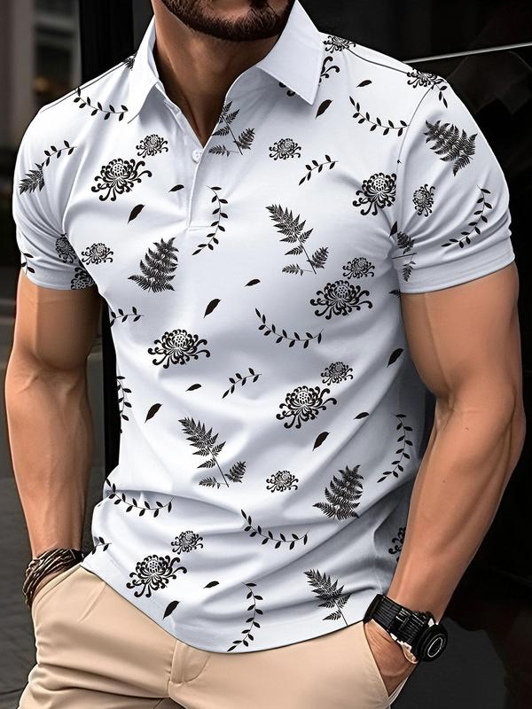 Men's Plants Print Short Sleeve Polo Shirt, Regular Fit Casual Button Front Polo Neck Top, Men's Streetwear for Summer Daily Wear, Polo Shirts Men