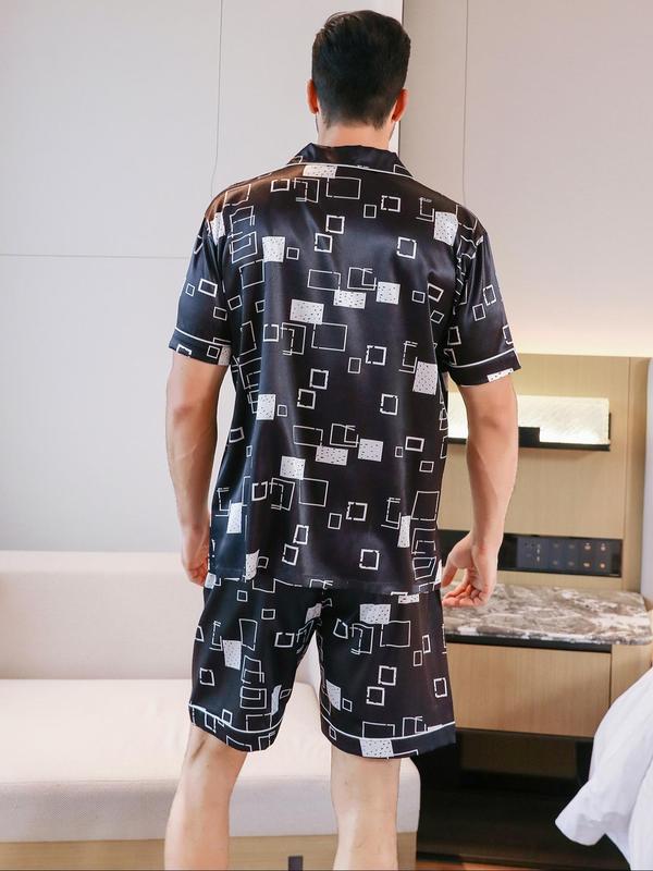 Men's Geometric Print Pocket Shirt & Shorts Loungewear Set, Button Front Short Sleeve Lapel Shirt & Elastic Waist Shorts, Casual Comfy Men's Sleepwear Set for All Seasons