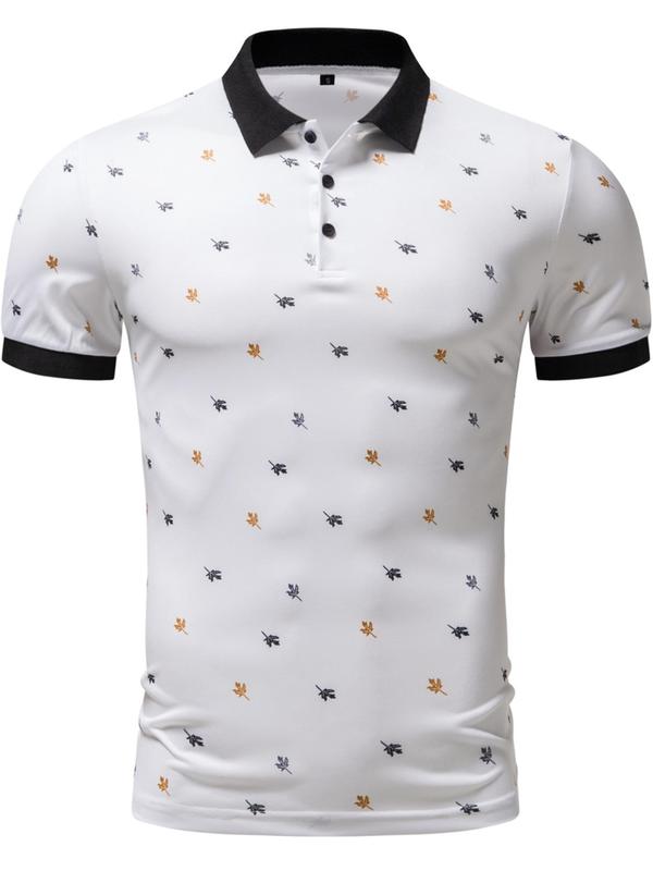 Men's Classic Regular Fit Leaf Print Contrast Binding Shortsleeve Polo Shirt, Casual Soft Streetwear Short Sleeve Button Front Collared Tee Top for Summer, Graphic Tees, Fashion Men's Clothes