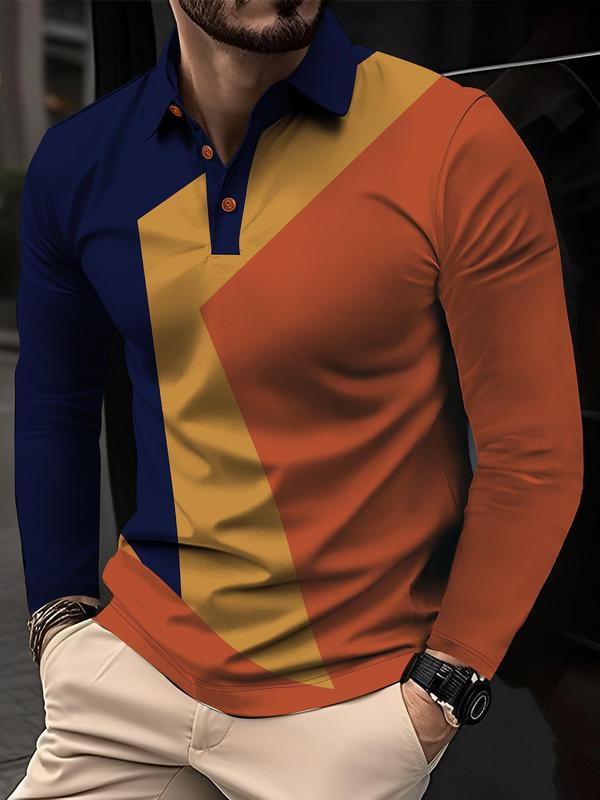 Men's Colorblock Long Sleeve Polo Shirt, Regular Fit Casual Button Collared Top for Fall & Winter, Men's Clothes for Daily Wear