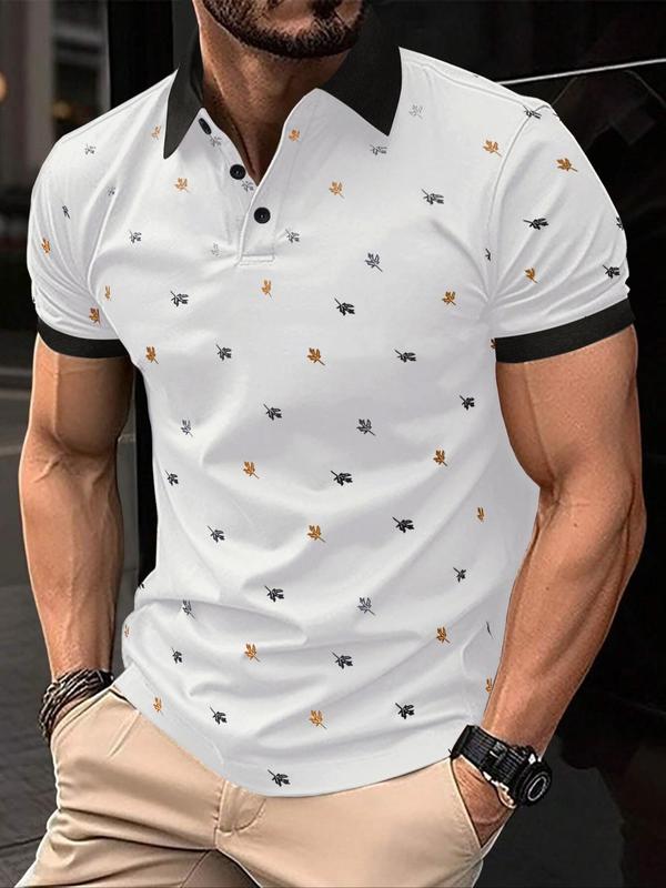 Men's Classic Regular Fit Leaf Print Contrast Binding Shortsleeve Polo Shirt, Casual Soft Streetwear Short Sleeve Button Front Collared Tee Top for Summer, Graphic Tees, Fashion Men's Clothes