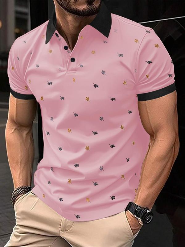 Men's Classic Regular Fit Leaf Print Contrast Binding Shortsleeve Polo Shirt, Casual Soft Streetwear Short Sleeve Button Front Collared Tee Top for Summer, Graphic Tees, Fashion Men's Clothes