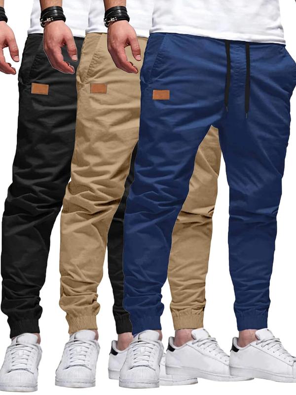 Men's Solid Color Patched Drawstring Waist Pants, Casual Elastic Waist Pocket Trousers for Spring & Fall, Fashion Men's Bottoms for Daily Wear