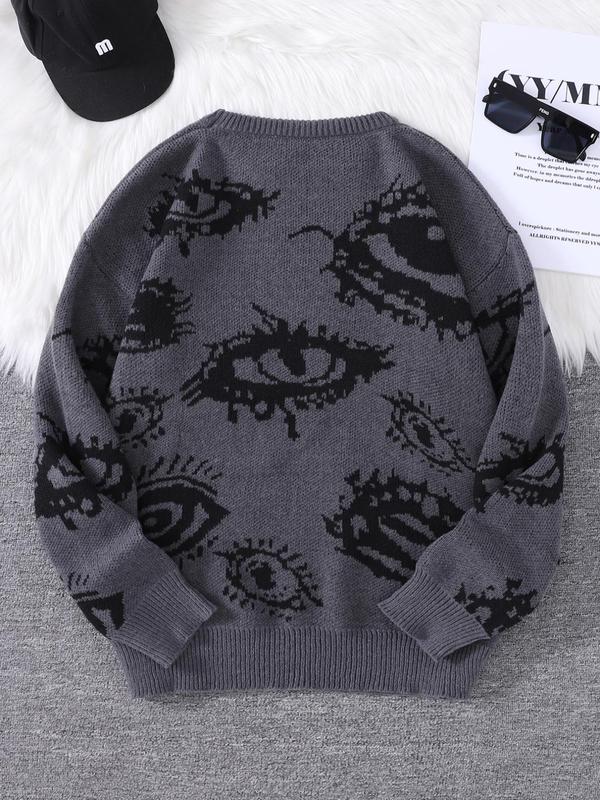 Men's All Over Eye Print Drop Shoulder Sweater, Regular Fit Casual Long Sleeve Round Neck Jumper for Fall & Winter, Fashion Men's Knitwear for Daily Wear Knitted Sweater