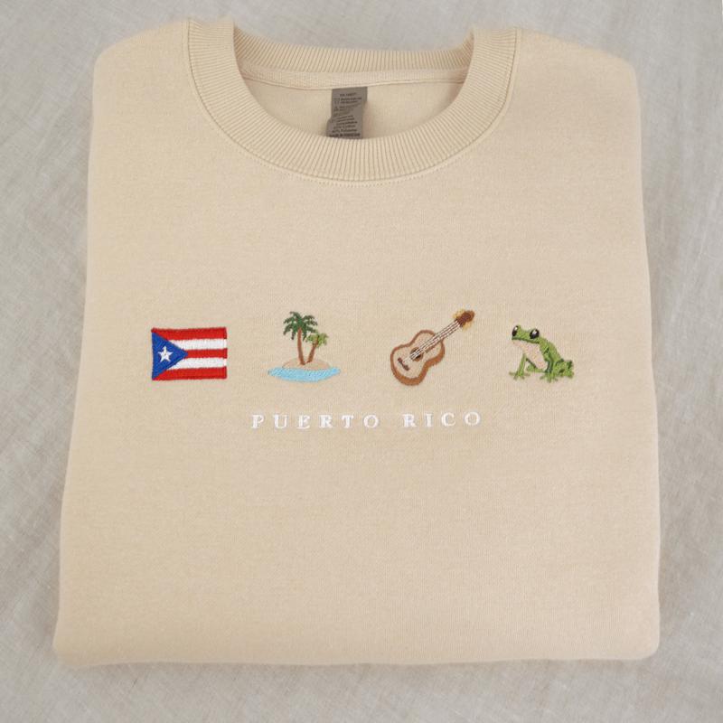 Puerto Rico Embroidered Sweatshirt, Boricua, Taino, Cotton, Black, Crewneck, Flag, Coquí Frog, Guitar, Island, Palm Tree, Ocean, Music, Latin, Reggaeton, Salsa, Bordado, Latin, Orgullo