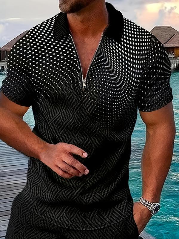 Men's Regular Fit Polka Dot Print Zipper Polo Shirt, Casual Short Sleeve Top for Summer, Fashion Men's Clothes for Beach Vacation