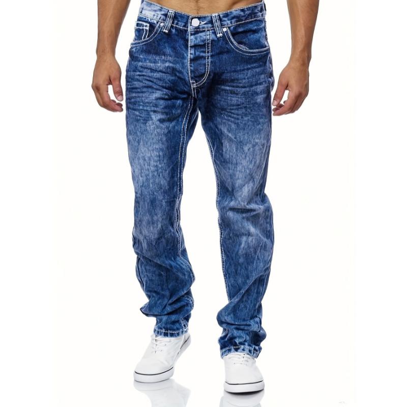 Men's Casual Slim Fit Stretch Jeans, Chic Street Style Distressed Denim Pants Menswear Spandex