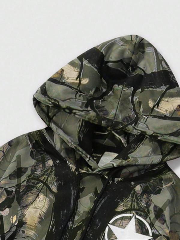 Men's Camo Print Hoodie, Regular Fit Casual Letter Print Long Sleeve Hooded Sweatshirt for Fall & Winter, Men's Top for Daily Wear