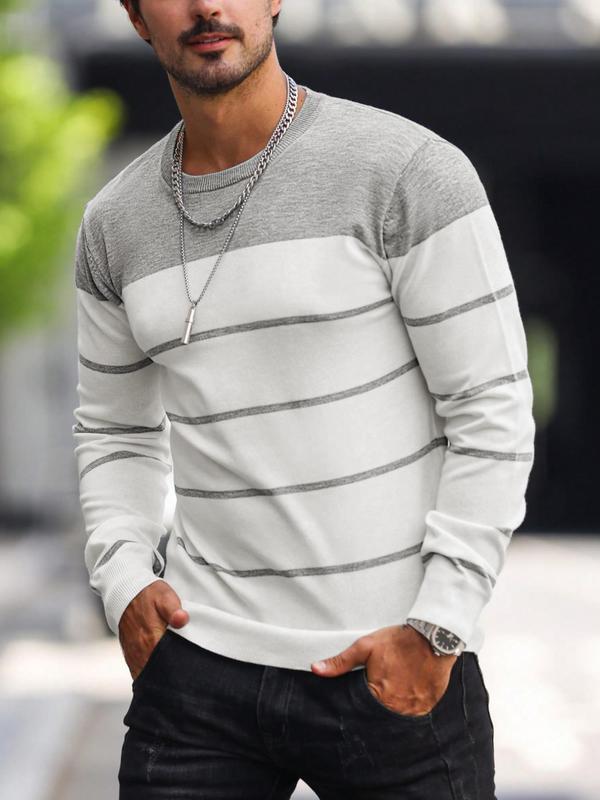 Men's Regular Fit Colorblock Striped Round Neck Sweater, Casual Long Sleeve Crew Neck Jumper for Fall & Winter, Fashion Men's Knitwear for Daily Wear