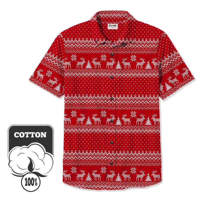 Christmas Deer Printed Hawaiian Shirt For Men Button-down Shirt Short Sleeves 100% Cotton Shirt