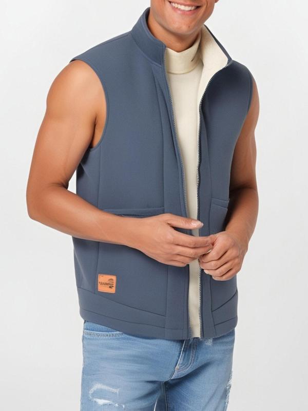 Men's Regular Fit Solid Patched Pocket Zipper Vest Jacket, Casual Funnel Neck Sleeveless Outerwear for Fall & Winter, Men's Clothes for Daily Wear