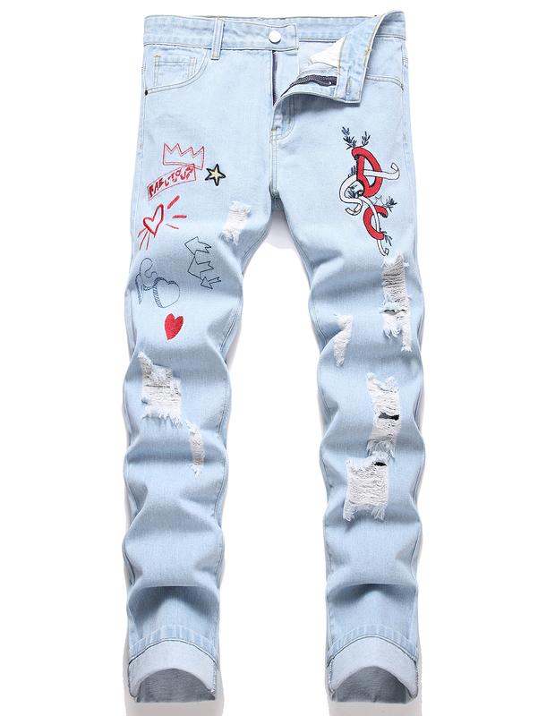 Men's Straight Letter Heart Embroidered Print Distressed Jeans, Casual Slim Fit Cotton Soft Denim Pants, Fashion Clothing Streetwear Ripped Trousers