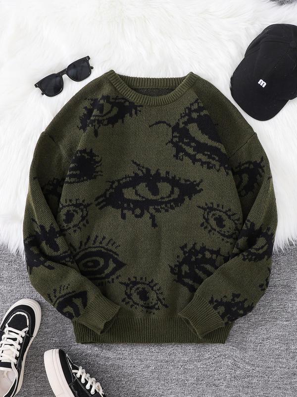 Men's All Over Eye Print Drop Shoulder Sweater, Regular Fit Casual Long Sleeve Round Neck Jumper for Fall & Winter, Fashion Men's Knitwear for Daily Wear Knitted Sweater