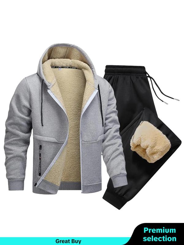 Men's Solid Thermal Lined Zip Up Hoodie & Drawstring Waist Sweatpants Set, Casual Regular Fit Long Sleeve Hooded Sweatshirt & Pocket Jogger Pants, Men's Two-piece Outfits for Fall & Winter, Men's Sweatsuit Set