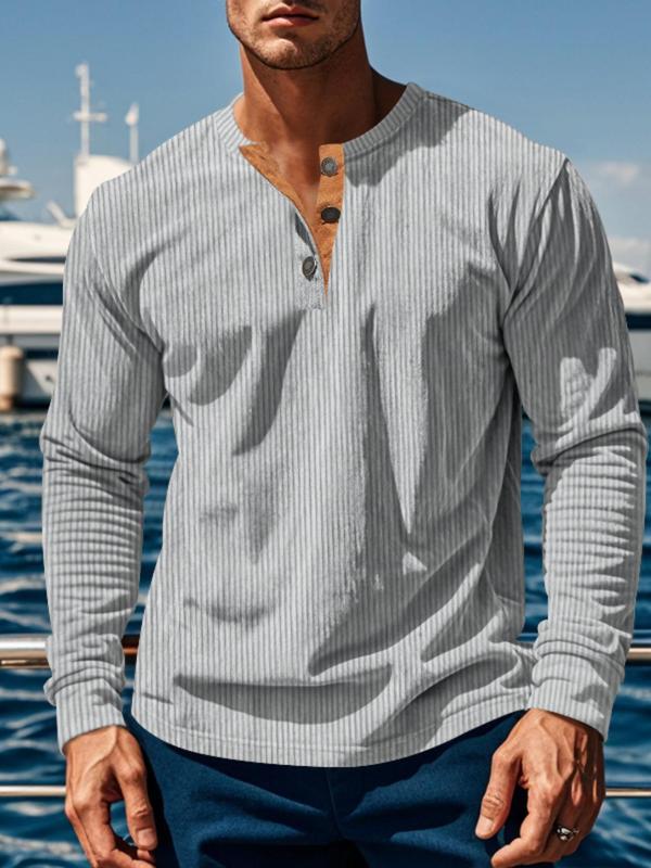 Men's Solid Button Front Mock Neck Shirt, Loose Casual Long Sleeve Top for Fall & Winter, Men's Clothes for Daily Wear