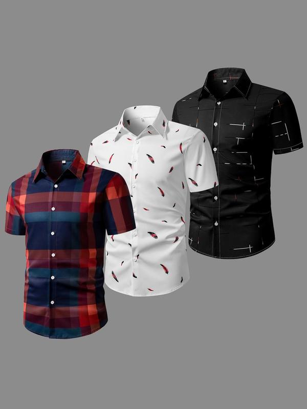 Men's Random Feather & Plaid & Line Print Button Front Shirt, Regular Fit Casual Long Sleeve Collared Top for Summer, Men's Clothes for Daily Wear