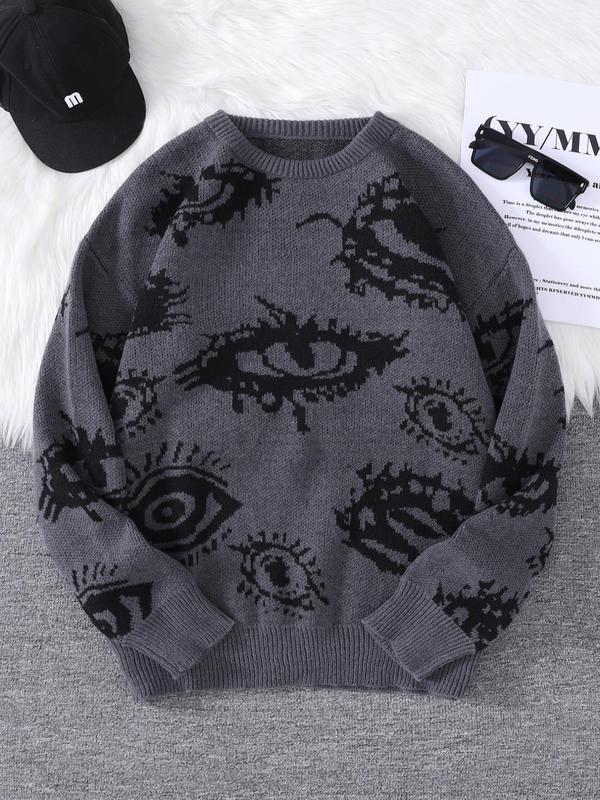 Men's All Over Eye Print Drop Shoulder Sweater, Regular Fit Casual Long Sleeve Round Neck Jumper for Fall & Winter, Fashion Men's Knitwear for Daily Wear Knitted Sweater