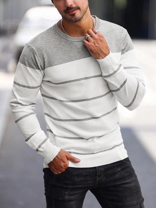 Men's Regular Fit Colorblock Striped Round Neck Sweater, Casual Long Sleeve Crew Neck Jumper for Fall & Winter, Fashion Men's Knitwear for Daily Wear