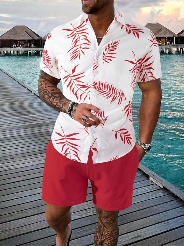 2 Piece Set Men's Stylish Tropical Leaf Print Two-piece Suits Set, Stylish Fashion Button Front Shortsleeve Shirt & Plain Drawstring Shorts, Menswear, Breathable Men's 2 Piece Set, Back To School Summer Clothes, Men's Clothing