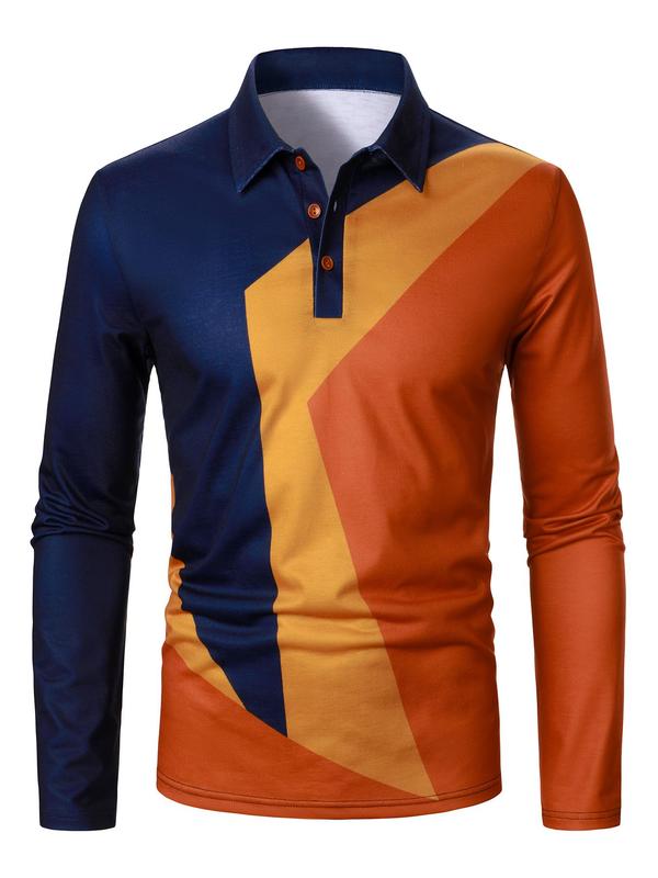 Men's Colorblock Long Sleeve Polo Shirt, Regular Fit Casual Button Collared Top for Fall & Winter, Men's Clothes for Daily Wear