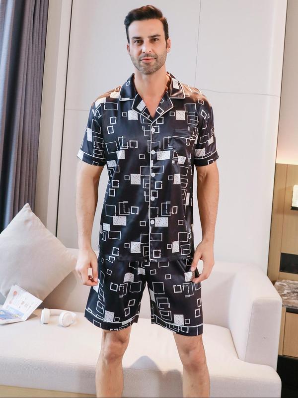 Men's Geometric Print Pocket Shirt & Shorts Loungewear Set, Button Front Short Sleeve Lapel Shirt & Elastic Waist Shorts, Casual Comfy Men's Sleepwear Set for All Seasons