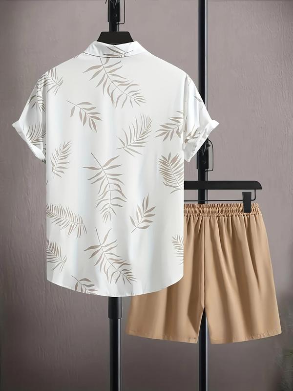 Two-Piece Set Men's Leaf Print Shirt & Shorts, Regular Fit Casual Button Front Shirt & Plain Drawstring Pocket Shorts, Men Clothes for All Seasons