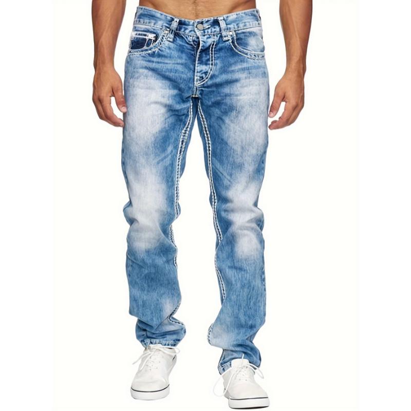 Men's Casual Slim Fit Stretch Jeans, Chic Street Style Distressed Denim Pants Menswear Spandex